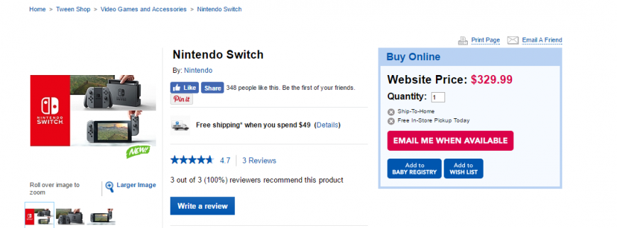 Цена Nintendo Switch может составить 244 доллара