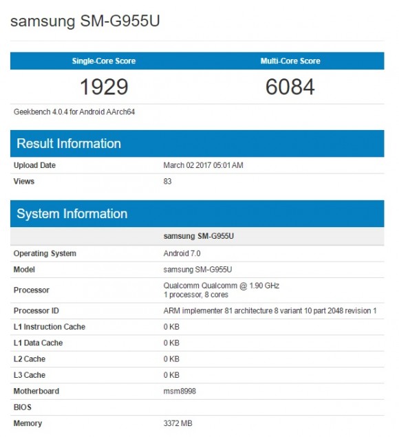 Samsung Galaxy S8 Plus на базе Snapdragon 835 засветился в бенчмарке