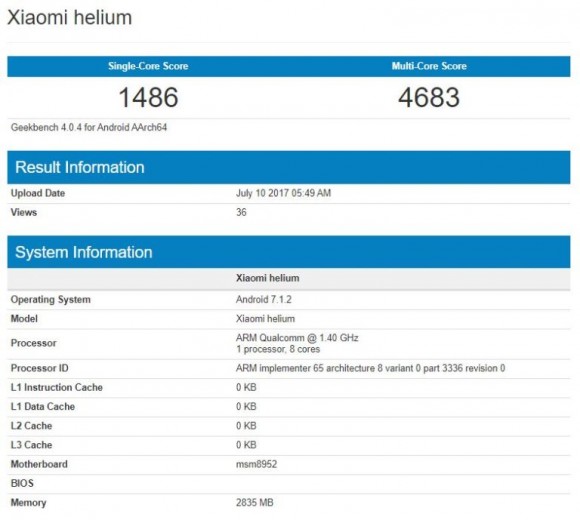 В Geekbench засветился смартфон Xiaomi Helium с Snapdragon 617