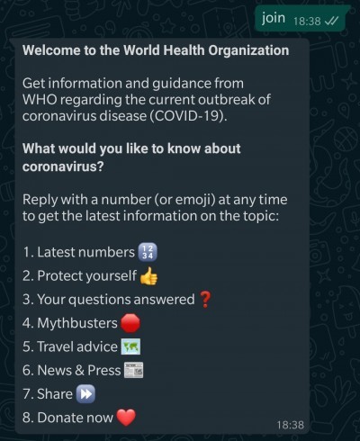 В WhatsApp добавили бота, информирующего о коронавирусе