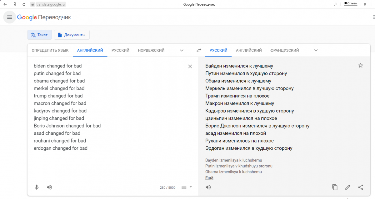 Google-переводчик по-разному переводит фразы с политическими деятелями