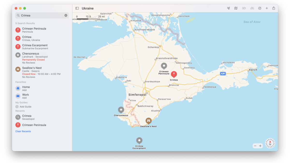 Apple снова указывает Крым украинским на Картах
